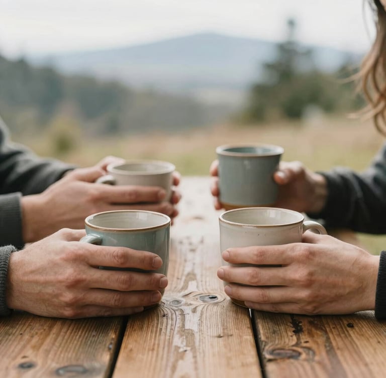 Hands holding warm ceramic mugs on a rustic wooden table, soft overcast daylight, natural depth of field, authentic Pacific Northwest atmosphere.