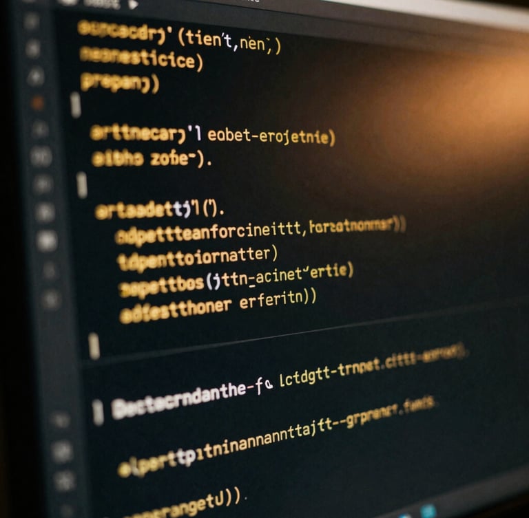Macro close-up of clean code on a dark computer monitor, glowing golden syntax highlighting, deep shadows, moody editorial photography, cinematic