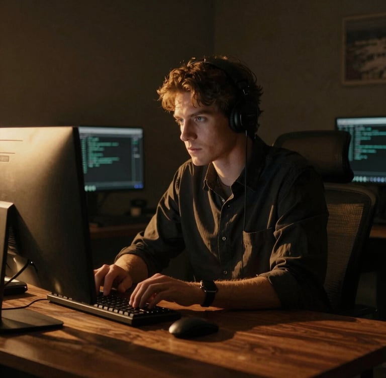 Cinematic portrait of a focused software engineer working at a dark walnut desk, warm golden-hour light cutting across the room, soft ambient shadows, 35mm photography
