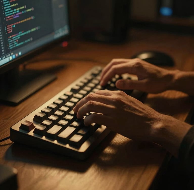 Moody close-up of a developer's hands typing clean code on a mechanical keyboard, warm golden accent light casting sharp shadows, high-end workspace atmosphere