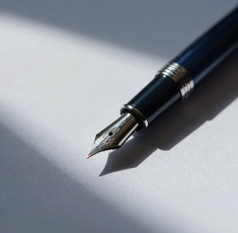 Close-up of a high-end fountain pen resting on structured gray paper, sharp architectural shadows, cool morning light, 35mm