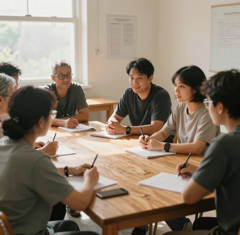 Medium-wide environmental shot of community leaders planning around a wooden table in a sunlit classroom, warm editorial style, soft natural daylight.
