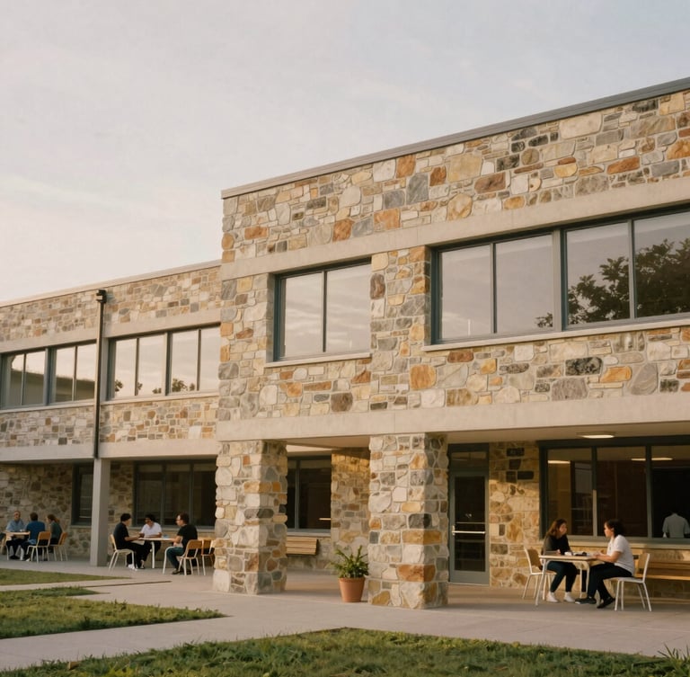 Architectural detail of a modern, light-filled community school building constructed with local stone, soft overcast daylight, warm earth tones