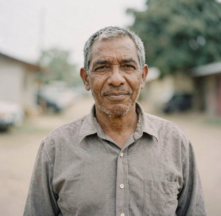 Dignified, candid portrait of a local community leader in soft natural daylight, medium-wide environmental framing, muted earth tones.