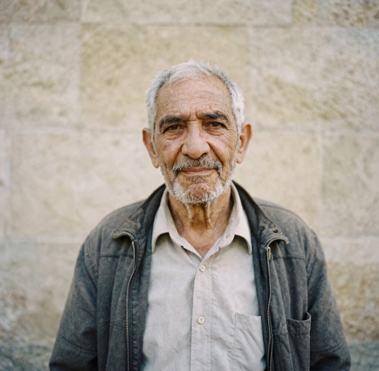 Dignified candid portrait of an elder community leader in soft natural daylight, warm stone background, medium format film style
