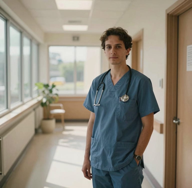 Documentary style environmental portrait of a local medical director standing inside a sunlit, modern community clinic hallway, soft natural window light, muted warm tones.
