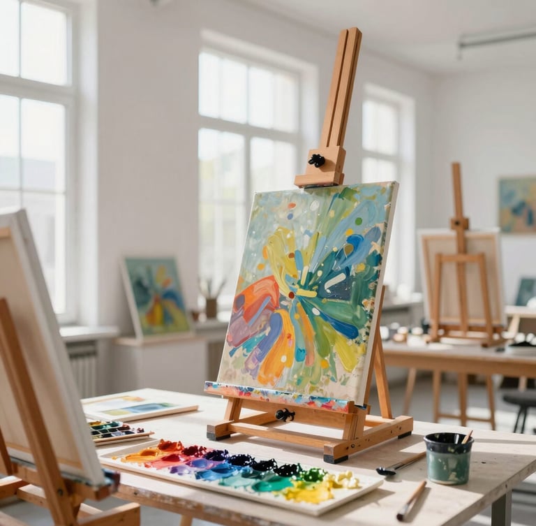 Sunlit art studio interior with clean white walls, natural daylight pouring through large windows, canvases on wooden easels, vibrant oil paints arranged on a table, shallow depth of field.