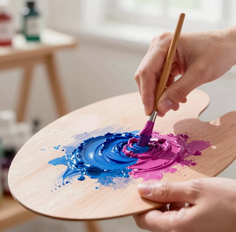 Close-up of hands mixing vivid blue and magenta pigments on a clean wooden palette, sunlit art studio background, natural daylight, soft focus.