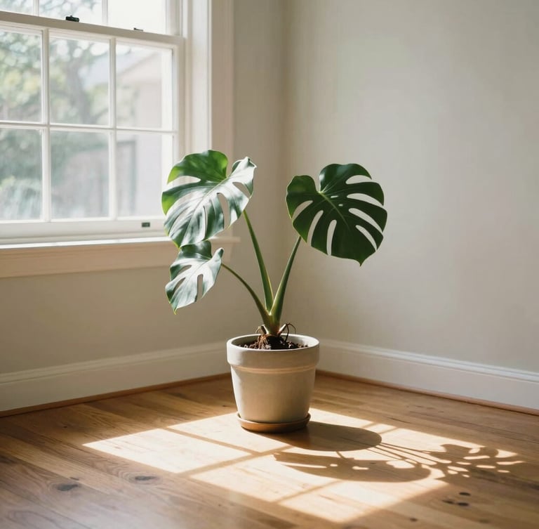 Bright sunlit living room with rich wooden floors, a healthy green monstera plant in a ceramic pot, natural warm daylight streaming through a large window, 35mm photography