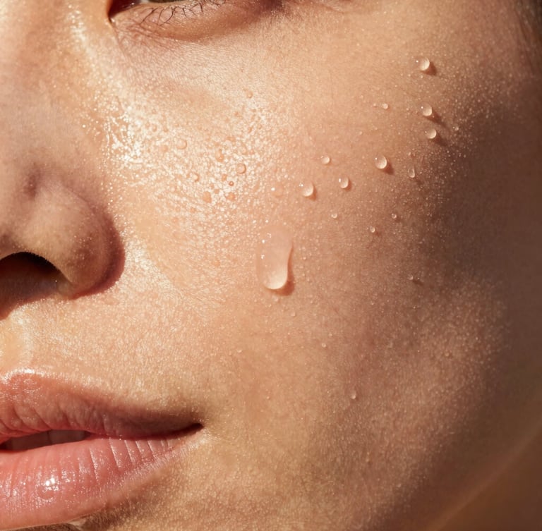 Extreme close-up of dewy hydrated skin texture in direct bright sunlight, showing natural pores and a soft golden hour glow, no airbrushing.