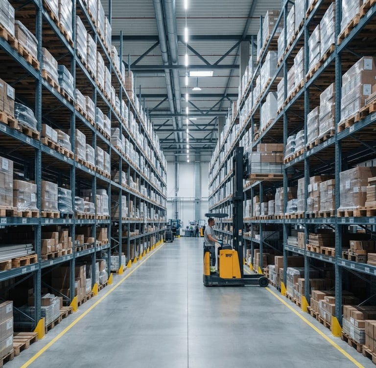 Wide-angle clean commercial photography of a modern warehouse, organized high-density steel shelving with neatly stacked wholesale pallets, cool blue and slate tones