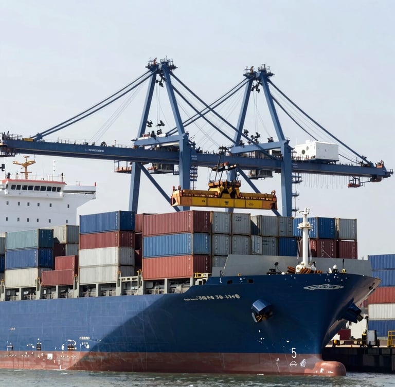 Clean commercial photography of a modern shipping port with container cranes loading cargo ships, cool slate and blue tones, bright daylight, 35mm.