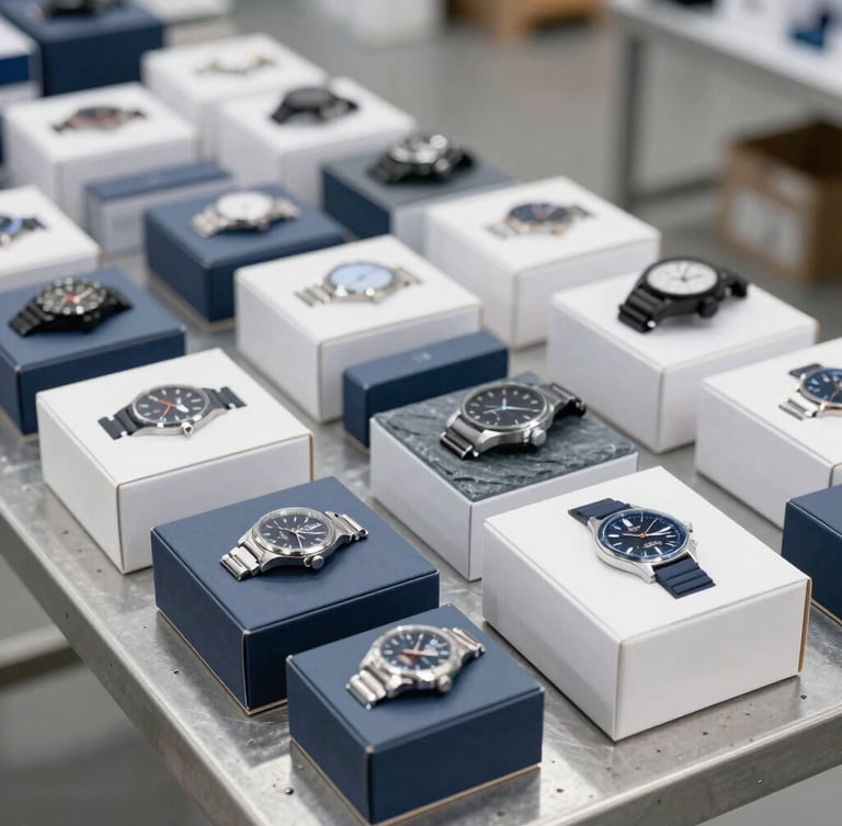 Structured grid layout of boxed consumer electronics and precision watches on a metal inspection table, bright neutral commercial lighting, cool slate tones, sharp focus