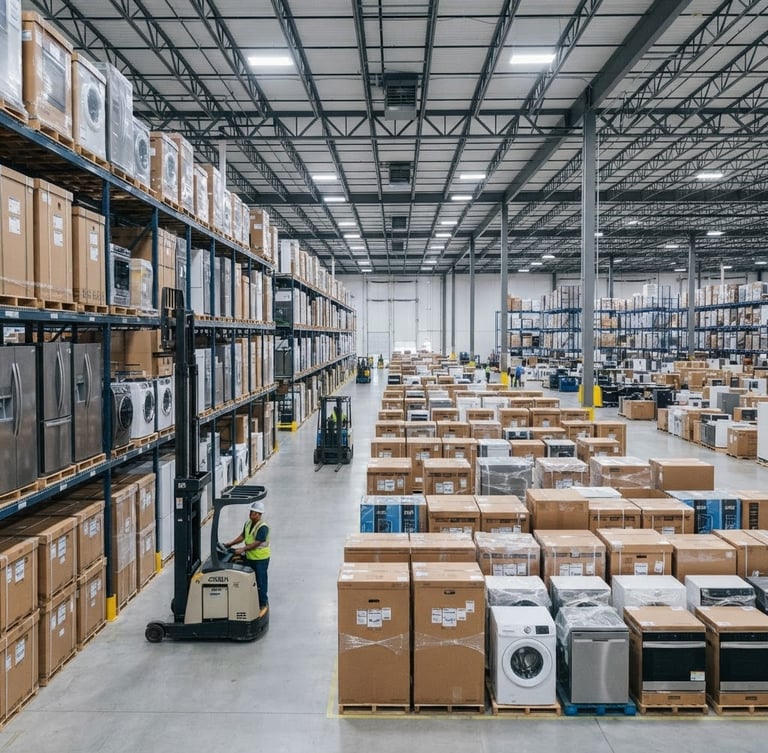 Wide-angle commercial photography of a bright, clean distribution warehouse with neatly stacked pallets of boxed major home appliances, cool slate tones, 35mm.