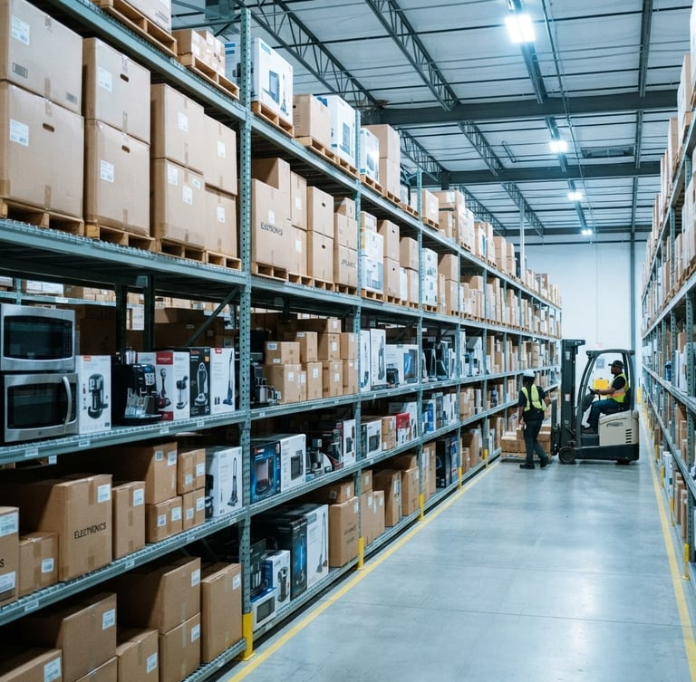 Wide-angle view of an organized B2B warehouse, steel shelving units with neatly arranged boxes of electronics and household appliances, bright cool commercial lighting, 35mm