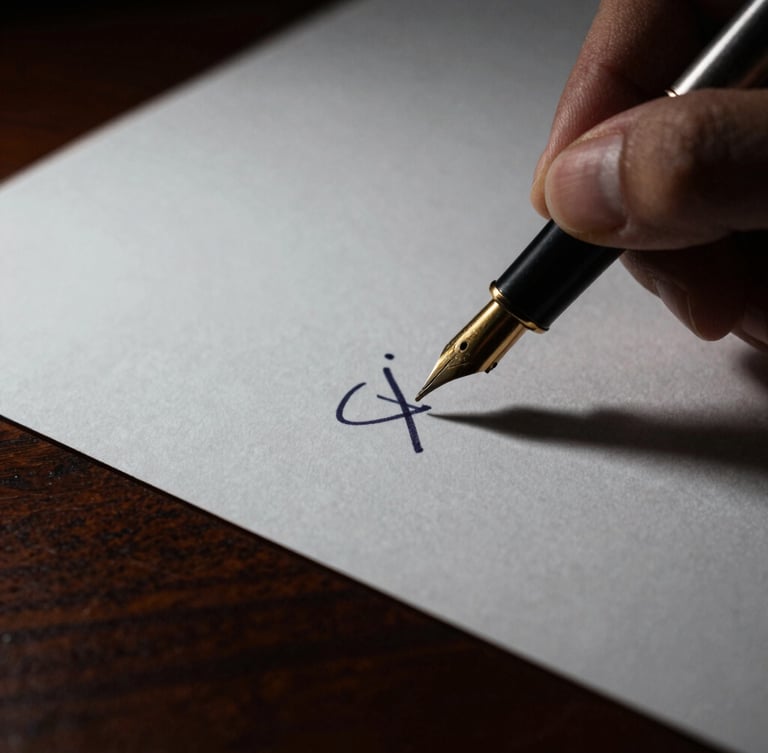 Extreme close-up of a fountain pen signing heavy cotton paper stock on a dark mahogany desk, dramatic side lighting, deep shadows