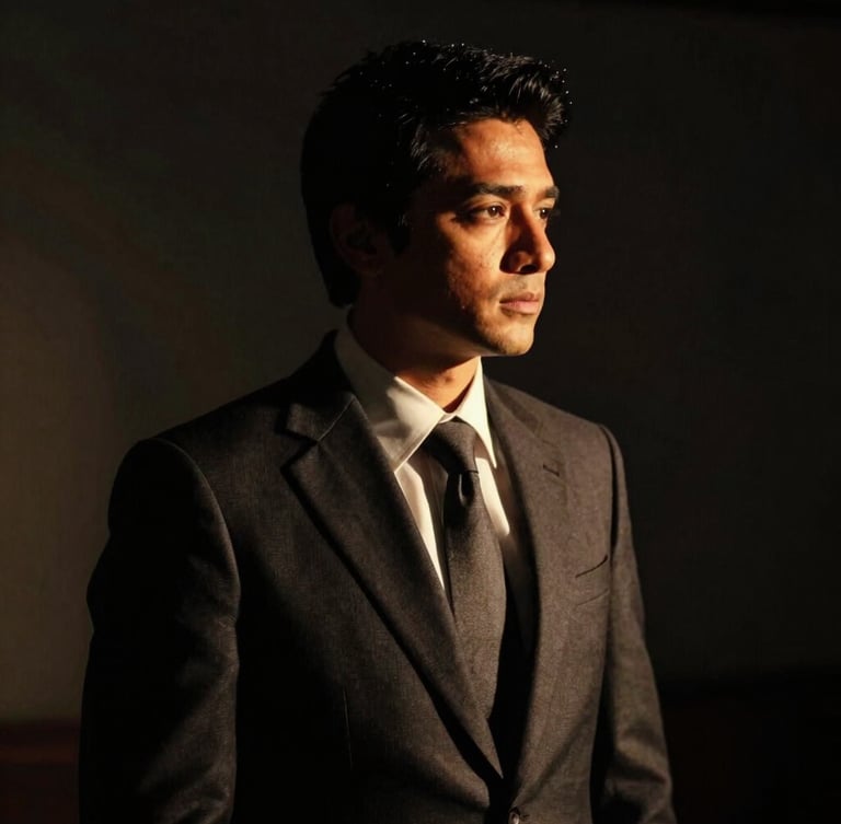 Dramatic low-key portrait of Alok in a dark tailored suit, side-lit with golden-hour highlights, deep shadows, 35mm cinematic crop