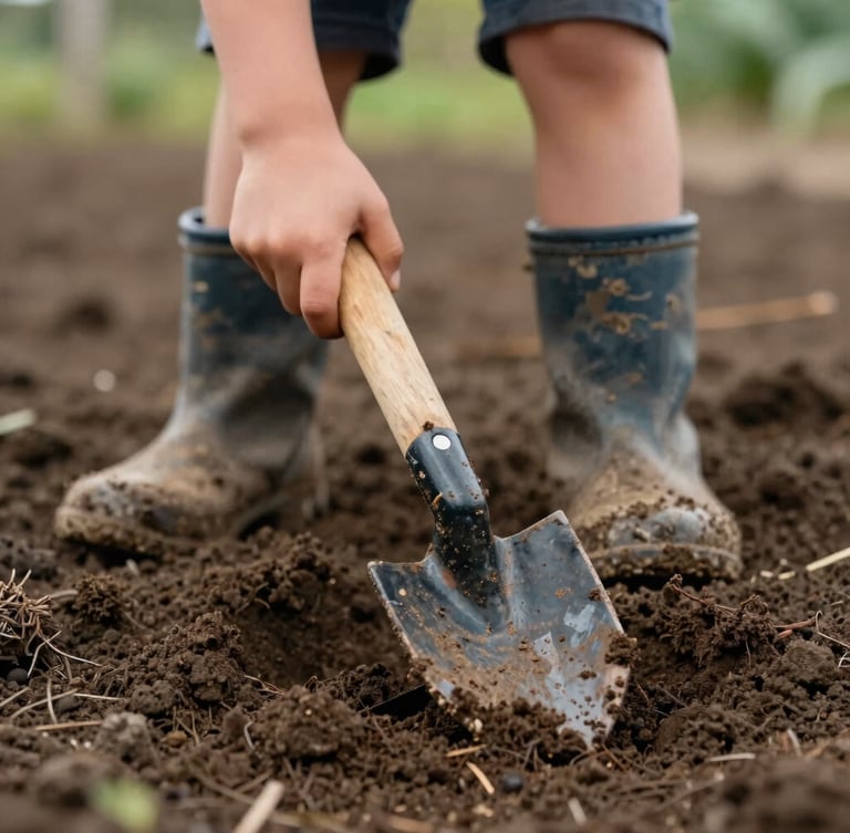 A close-up, child-eye-level shot of a child's hands in muddy boots digging into dark, rich garden soil with a small wooden shovel, soft daylight.