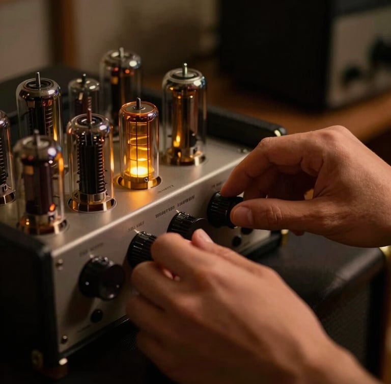 Close-up of hands adjusting dials on a vintage vacuum tube amplifier, glowing amber pilot light, warm studio atmosphere, shallow depth of field, 50mm lens