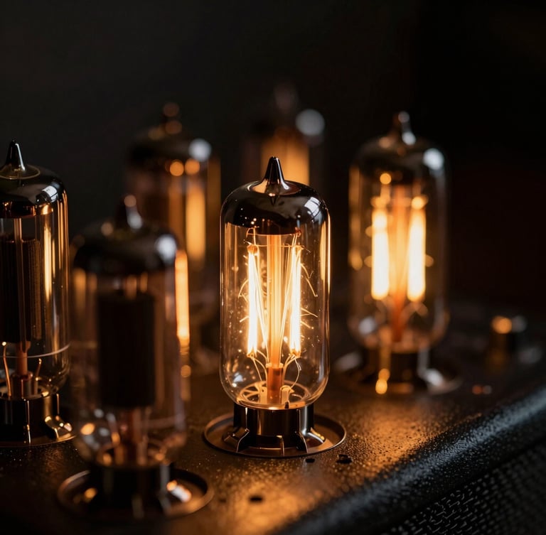 Macro shot of glowing vacuum tubes inside a vintage guitar amplifier, warm amber filament glow, dark shadows, cinematic 50mm lens