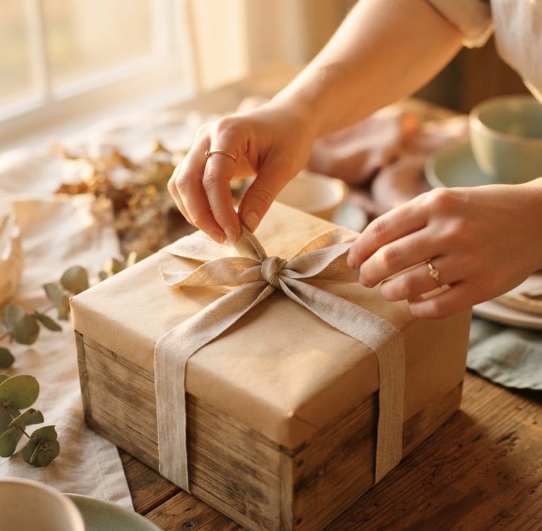 Close-up of hands carefully tying a linen ribbon around a beautifully wrapped wooden gift box, warm golden-hour window light, shallow depth of field
