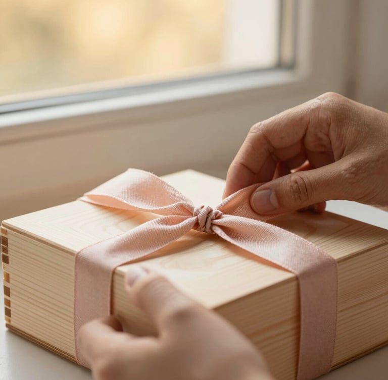 Close-up of artisan hands carefully wrapping a custom wooden keepsake box with a soft blush linen ribbon, warm golden-hour window light, shallow depth of field.