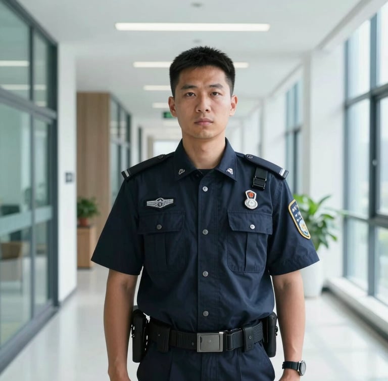 Portrait shot of a professional security guard in a dark blue uniform standing alert in a modern office building hallway, bright natural light, deep blue tones, sharp focus, 35mm