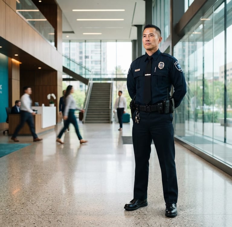 Professional security guard in a dark blue uniform, standing alert in a modern corporate lobby, bright natural light, clean interior, 35mm, professional corporate photography, deep blue and teal tones, sharp focus.