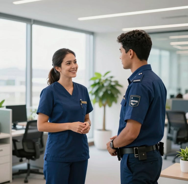 Uma supervisora de facilities em uniforme azul-marinho, sorrindo e conversando com uma segurança em um lobby de escritório moderno e iluminado, com janelas grandes e plantas. Perspectiva média, luz natural brilhante.