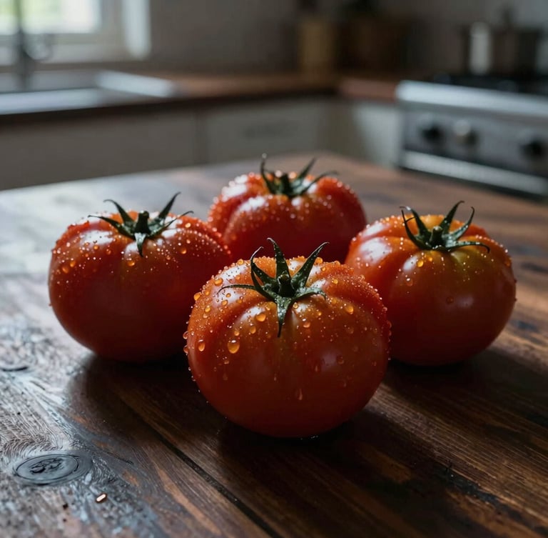Low-key, directional natural light close-up of dew-glistening heirloom tomatoes on a dark wooden table, soft shadows, rustic Scandinavian kitchen atmosphere.