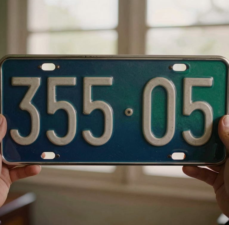 Close-up of a classic metal license plate being held by hands, warm natural light, soft focus on the embossed numbers, 35mm.