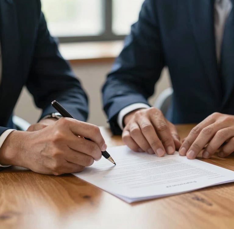 Close-up of hands signing a structured document on a warm wooden desk, soft side-lighting from a window, shallow depth of field, professional and calming.
