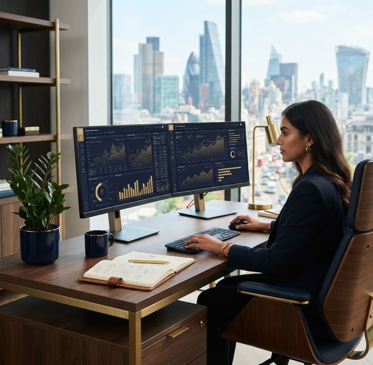 A sharp, sunlit corporate workspace with dual monitors displaying clean financial dashboards, deep navy and prestige gold accents, premium corporate photography, 50mm.
