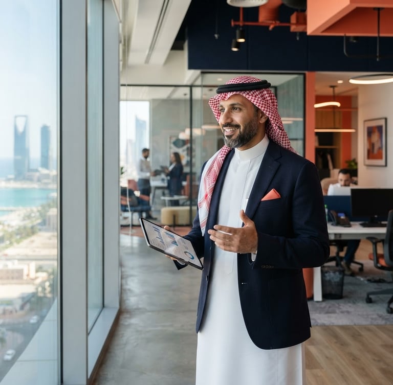 Medium-close environmental portrait of a professional Saudi operations director in a modern Jeddah corporate office, bright natural daylight filtering through glass, deep navy and warm coral accents, sharp focus, architectural depth
