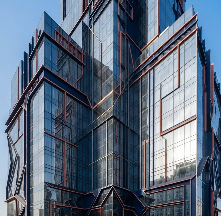 Wide-angle architectural crop of a modern corporate headquarters in Jeddah, sharp glass facade reflecting bright morning Saudi sunlight, deep navy shadows and clean lines, editorial corporate photography.