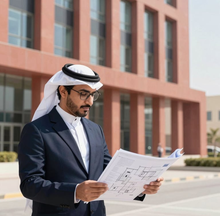 Medium-close environmental portrait of a professional Saudi operations manager reviewing architectural digital blueprints on-site inside a modern Jeddah corporate building, bright natural daylight