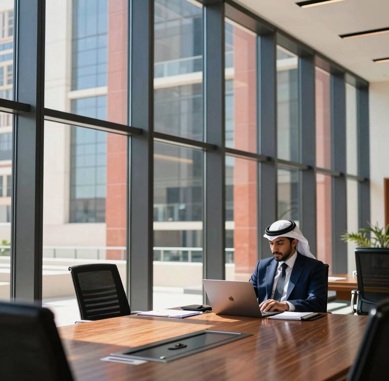Modern corporate boardroom in Jeddah, filtered natural sunlight through high glass windows, professional atmosphere, architectural depth