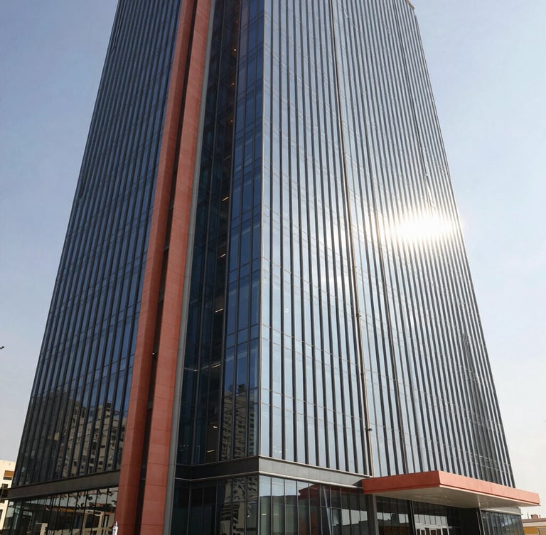 A wide-angle architectural shot of a modern corporate headquarters in Jeddah, sleek glass facade reflecting bright morning Saudi sunlight, clean lines, professional atmosphere.