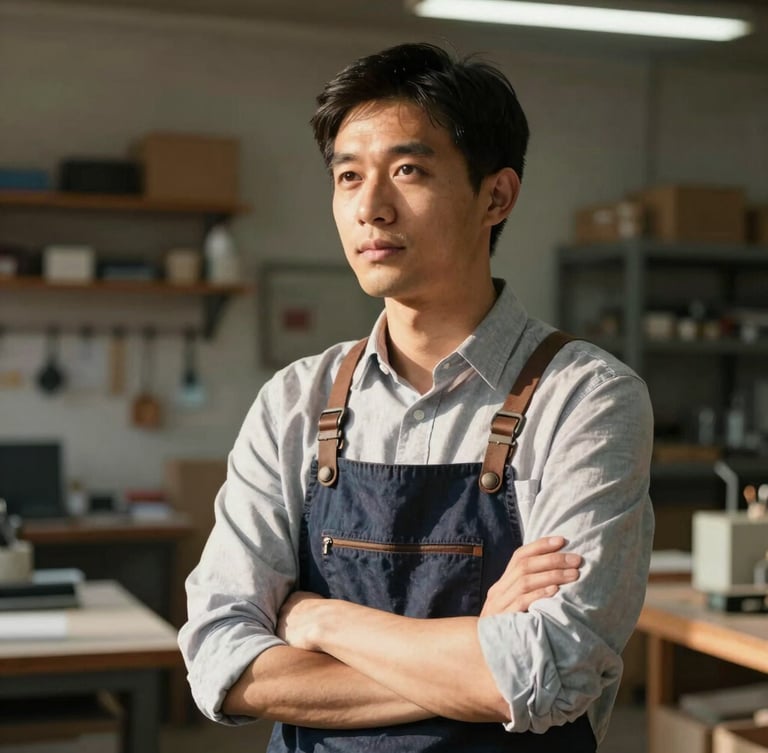 Environmental portrait of a business owner in a sunlit workshop, looking thoughtfully off-camera, warm natural shadows