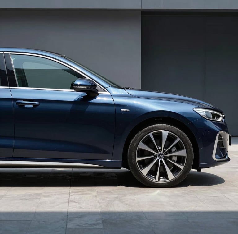Sharp profile shot of a modern dark blue sedan, high-contrast cool daylight, metallic reflections, 50mm lens, clean urban background
