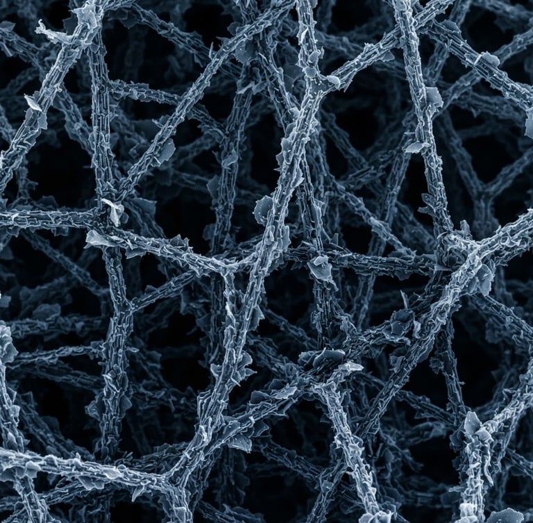 High-resolution scanning electron microscopy (SEM) image showing interconnected graphenated carbon nanotubes at micro scale, high contrast backlighting, cool laboratory tones.