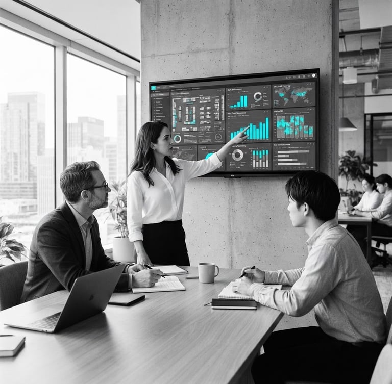Clean editorial photography, bright natural daylight, crisp black and white with cyan accents. A modern meeting room where professionals analyze retail data layouts on a screen, sharp focus, 35mm.