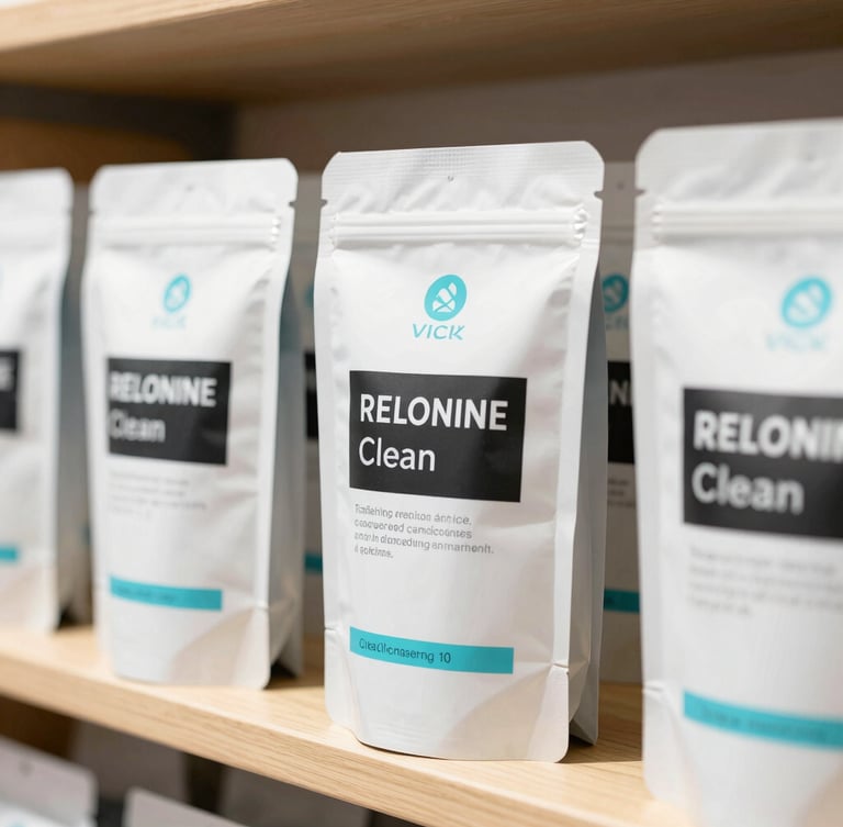 Close-up of premium clean packaging on a bright wooden shelf, soft morning light, clean editorial aesthetic, sharp focus