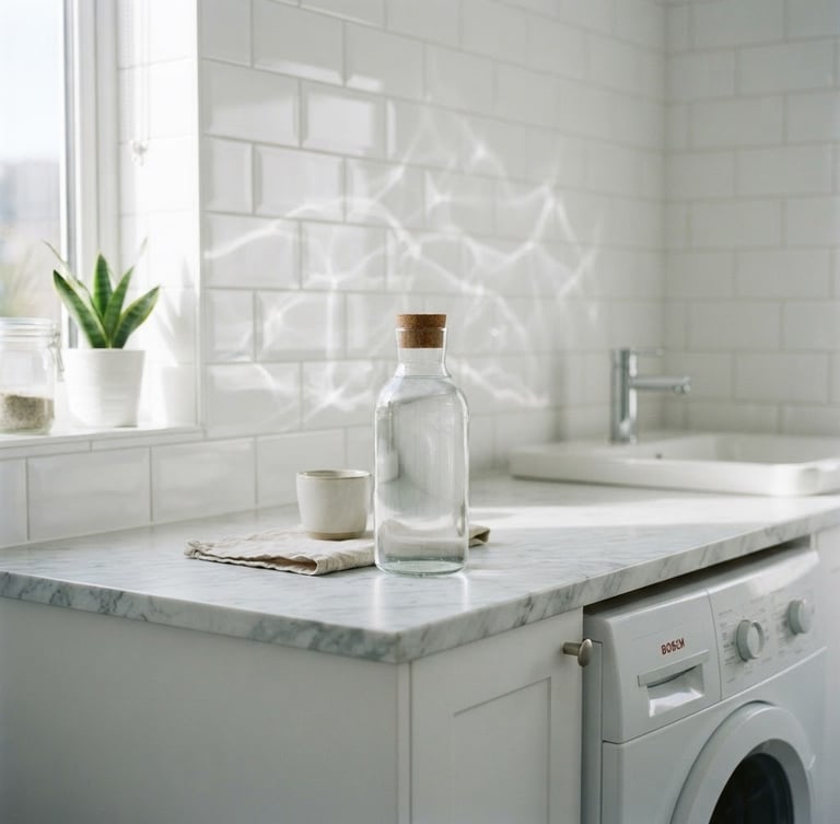 Bright sunlit clean laundry room with white tiles, a single premium glass bottle of detergent on a marble counter, soft water reflections on the wall, 35mm photography