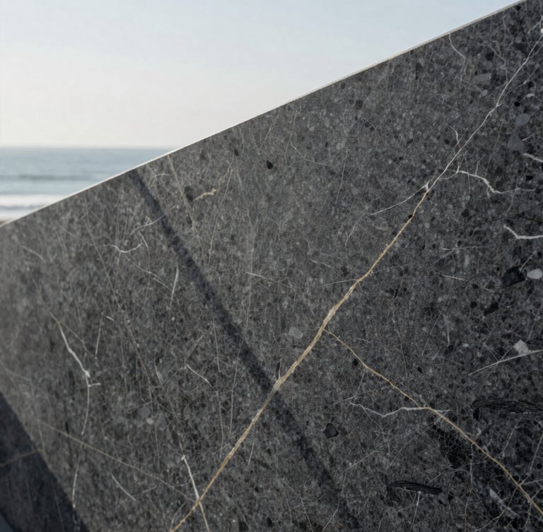 Extreme close-up of high-quality dark grey marble texture with subtle golden veins, structured geometric shadows, minimalist editorial feel