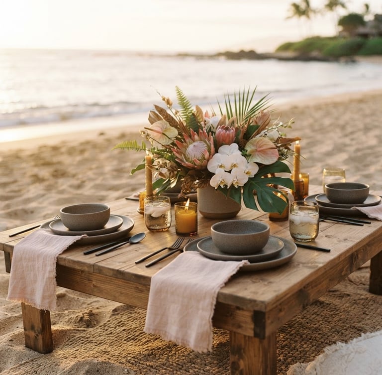 Close-up of a low-profile wooden picnic table set on a secluded sandy beach at golden hour, with blush linen napkins, basalt-toned ceramics, and locally sourced tropical florals. Shallow depth of field, warm light.