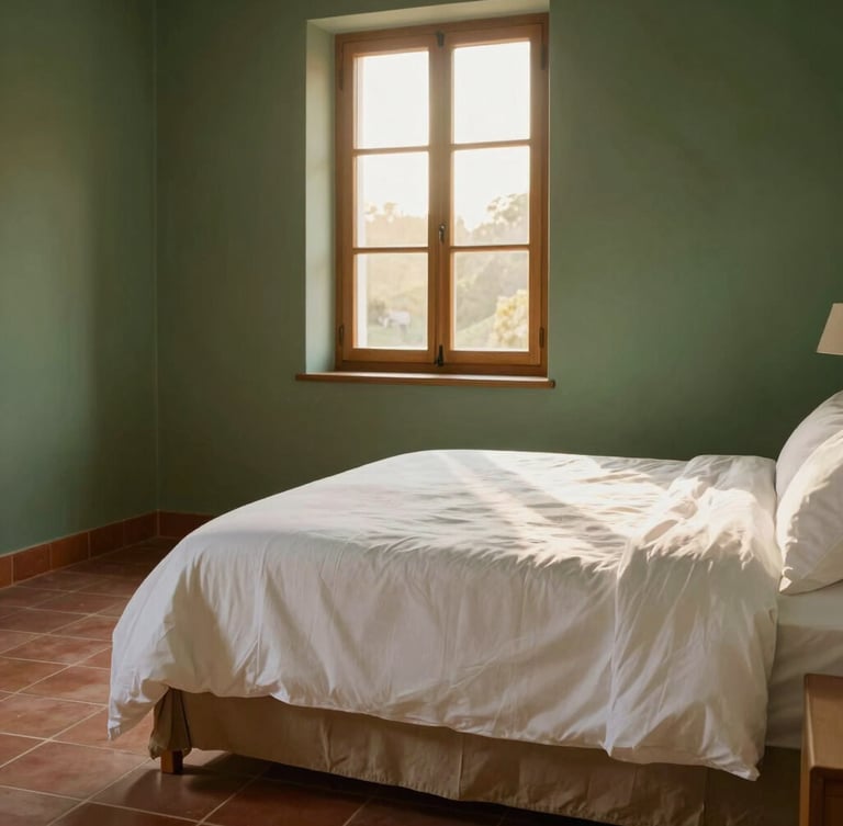 Immaculate minimalist bedroom with crisp white linens, warm golden-hour sunlight filtering through a wooden window, terracotta floor tiles, soft editorial photography