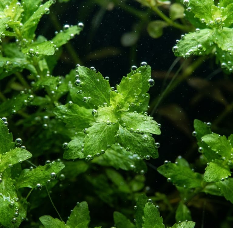 Extreme close-up of vibrant green aquatic leaves underwater with visible oxygen pearling, cool overhead LED lighting, deep shadows, high-detail 35mm