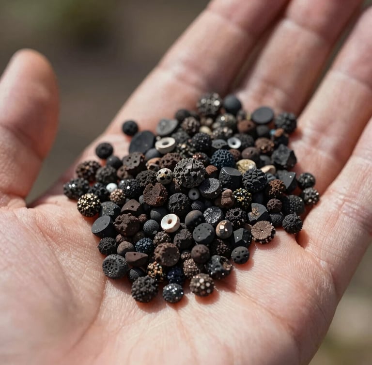 Macro shot of Absorb-Z volcanic mineral granules in a farmer's hand, natural daylight, high detail