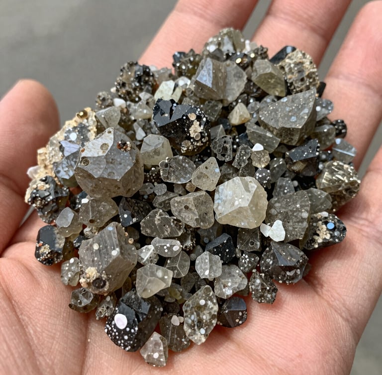 Macro shot of raw gray-olive zeolite mineral granules held in a hand, bright natural daylight, sharp focus on crystalline geological texture.